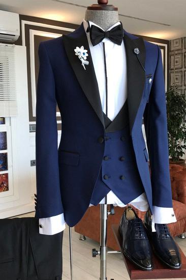 King Modern Royal Blue 3 Piece Black Point Lapel Double Breasted Vest Mens Suit_2