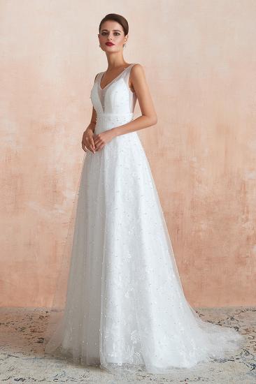 Carnelian | White V-neck Beach Wedding Dress with Pearls on Tulle, Elegant Sleeveless Long length Summer Bridal Gowns_8
