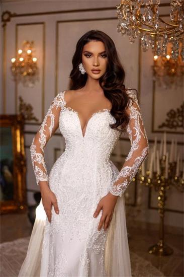 Designer A-Line Long Sleeves Lace Wedding Dress with Detachable Trail_3