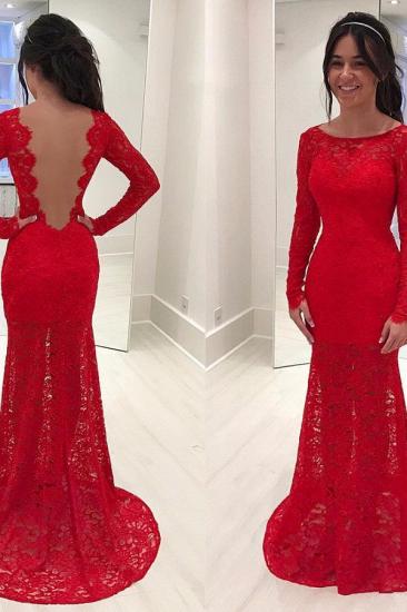 Elegant Red Mermaid Lace Prom Dresses Long Sleeves Scoop Evening Gowns_2