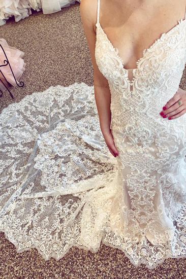 Luxury Lace Beading Chapel Train Champagne Wedding Dress | Cute Spaghetti Straps V Neck Sleeveless Long Bridal Gown_2