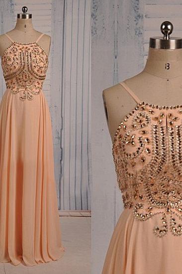 Coral Chiffon Spaghetti Straps Prom Dresses with Sparkly Crystals Long Evening Dresses_3