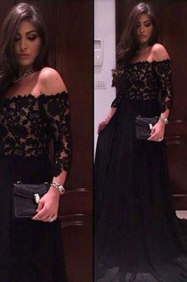 Black Lace A-line Off The Shoulder Evening Dresses Sleeves Cheap Prom Dress_2