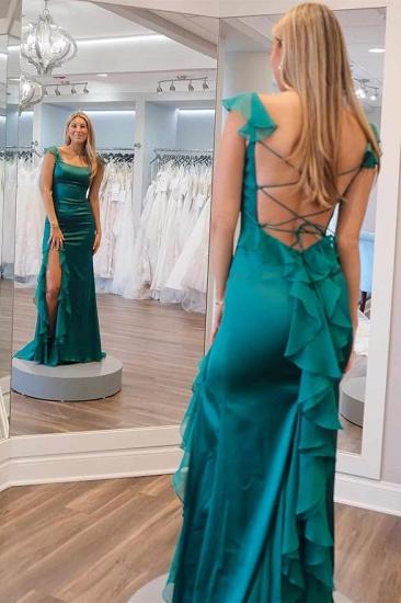 Emerald Green Square Neck Ruffle Slit Prom Dress_3