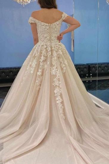 Glamorous Off Shoulder 3D Floral Lace Wedding Tulle Aline Bridal Dress_4