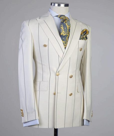Don Formal White Stripe Double Breasted Peaked Lapel Business Suits_3