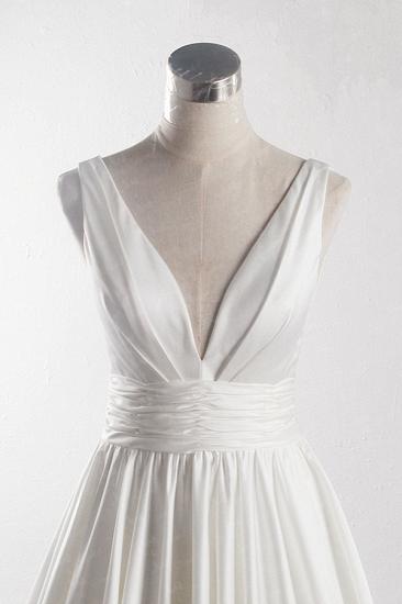 Bradyonlinewholesale Affordable V-neck Satin White Wedding Dress Sleeveless Ruffles Bridal Gowns On Sale_4
