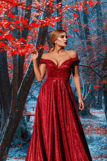 Red Sequin V-Neck Long Card-Shoulder Evening Dress | Cheap Prom Dresses_3