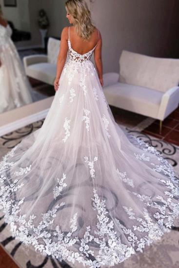 White Tulle Lace Wedding Dress Sleeveless V-Neck Long Dress for Bride_2