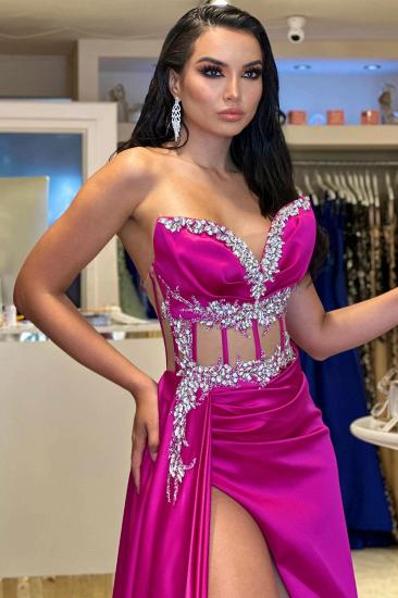 Sweetheart Fuchsia High Split Silver Beaded Prom Dresses_2