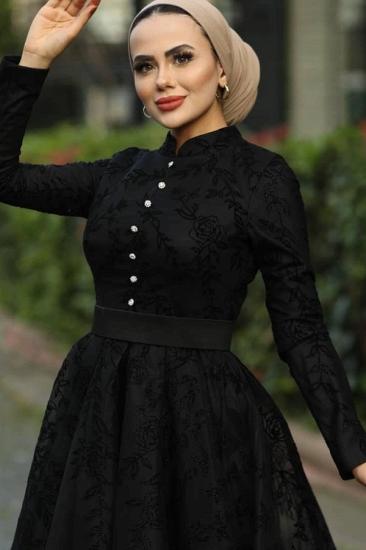 Long Sleeves Black Lace Evening Swing Dress A-line High Neck_3