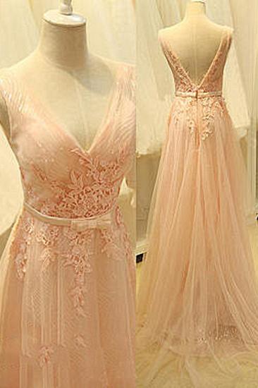 Pink Deep V Neck Shher Tulle Long Prom Dresses with Appliques Bowknot Sash Open Back Formal Evening Gowns_1