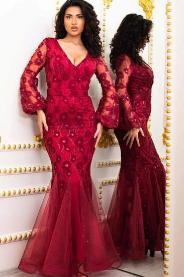 Charming Red Floral Long Sleeves Mermaid Prom Dress_3