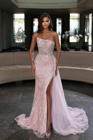 Pink Sparkly Sequins Side Slit Evening Dress Strapless Tulle Prom Gown