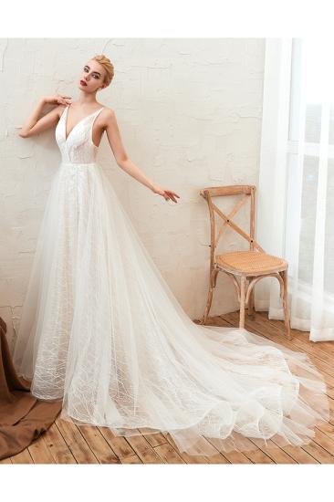 Affordable Tulle V-Neck Long Wedding Dress with Appliques_8