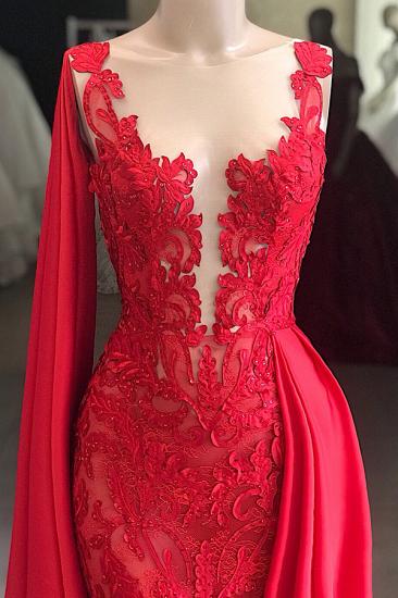 Red Lace Cheap Evening Dresses Online | Overskirt Watteau Train Prom Dresses_2