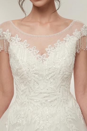 A-line Cap Sleeves Scoop Floor Length Lace Appliques Wedding Dresses with Crystals_3
