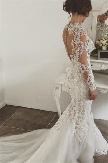 Elegant Mermaid Long Sleeves Lace High Neck Crystal Wedding Dresses | Sexy Beading Bridal Gowns With Buttons_2