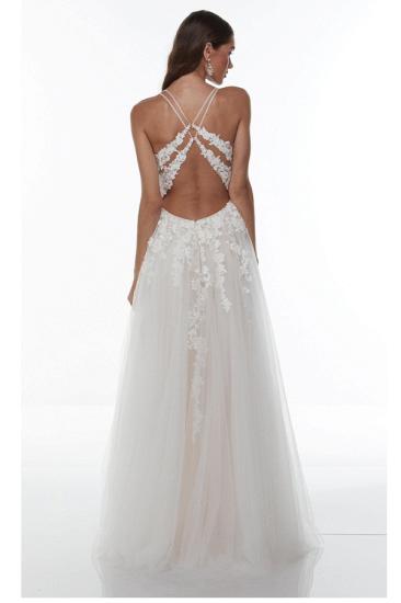 Spaghetti Straps Lace Wedding Gowns Side Split V Neck Bride Dress_2