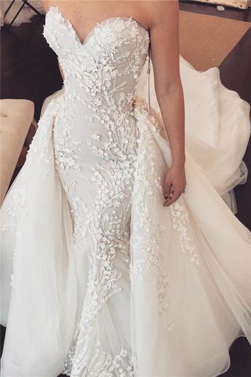 Sweetheart Lace Appliques Overskirt Wedding Dresses | Tulle Chapel Train Wholesale Bridal Gowns_1