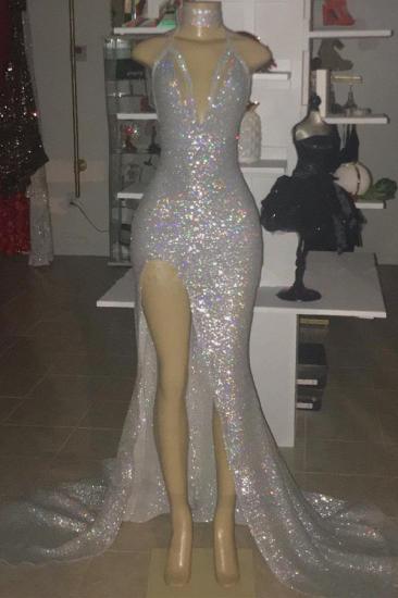 Halter V-neck Silver Sequins Prom Dress on Mannequins | Sleeveless Sexy Slit Cheap Evening Dress_1