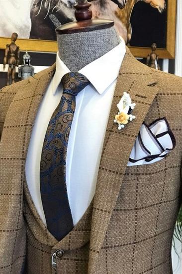 Archibald New Brown Plaid Lapel Three-piece Business Mens Suit_2