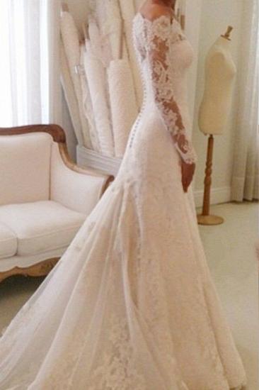 White Off-the-shoulder Lace Long Sleeve Bridal Gowns Sheath Simple Custom Made Wedding Dresses_4