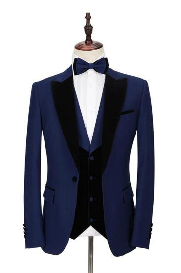 Dark Blue Peak Lapel Mens Wedding Suit | Velvet Lapel Formal Suit