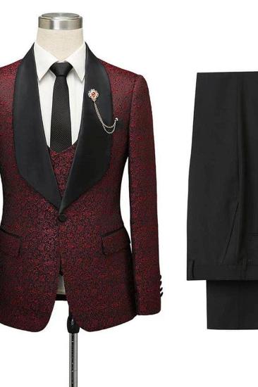 Cesar Burgundy One Button Shawl Lapel Jacquard Wedding Groom Suits_5