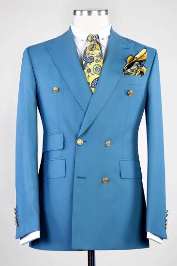 Blue Double Breasted Peaked Lapel Business Men Suits_1