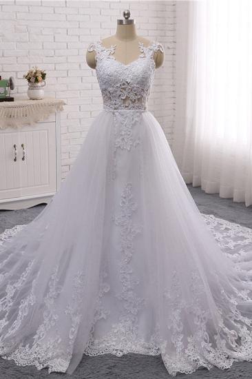 Bradyonlinewholesale Stylish Jewel Mermaid Lace Appliques Wedding Dress White Sleeveless Beadings Bridal Gowns with Overskirt On Sale