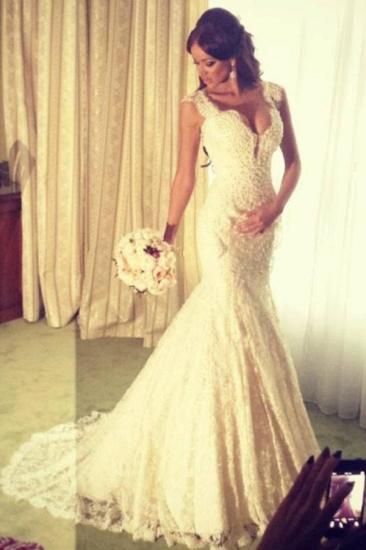 Sexy Mermaid V-neck Wedding Dress Sparkly Lace Bridal Gowns_1
