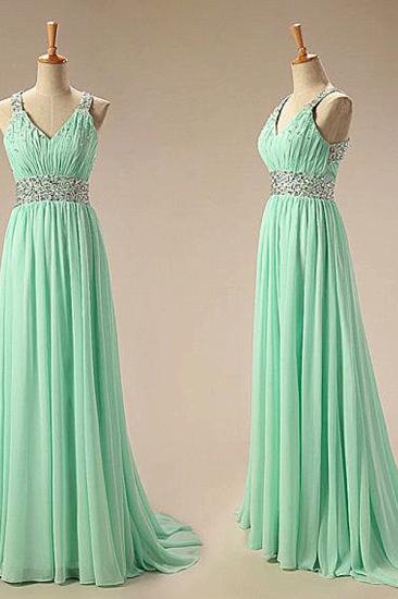 Light Green V-Neck Sweep Train Lovely Evening Dresses Crystal Ruffle Chiffon Long Formal Party Gowns_2