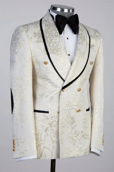Spencer Off White Shawl Lapel Double Breasted Jacquard Prom Suits_2