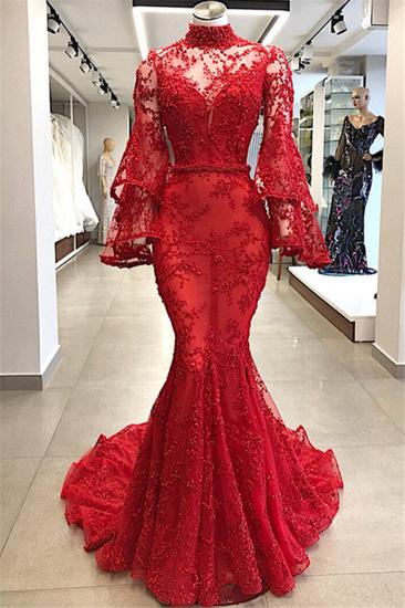 Long Sleeves High Neck Lace Red Evening Dresses | Mermaid Beads Bell Sleeves Prom Dress