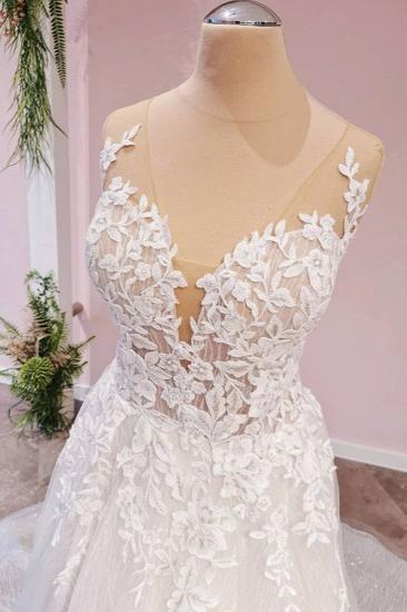 Sleeveless A-Line Wedding Dress with Floral Lace Appliques V Neck White Floor Length Bridal Dress_3
