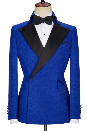 Dean Fashion New Royal Blue Jacquard Black Lapel Wedding Dress_1