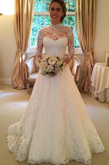 Lace High Neck Court Train Ball Gown Long Sleeves Wedding Dresses_1