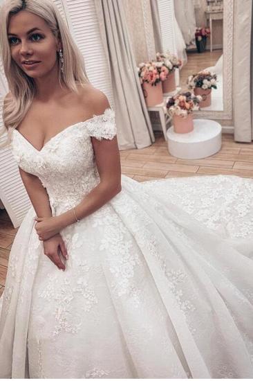 Off The Shoulder Floral Appliques Ball Gown Wedding Dresses | Lace Sleeveless Bridal Gowns_1