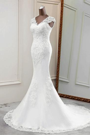 Bradyonlinewholesale Luxury V-Neck Sleeveless White Lace Mermaid Wedding Dresses with Appliques_4