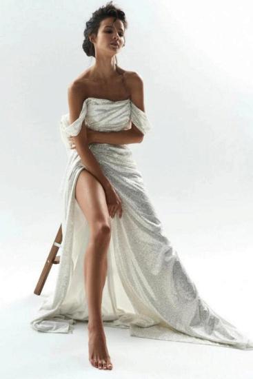 Off Shoulder Sequined Mermaid Wedding Dress Simple Side Split Bridal Dress_9