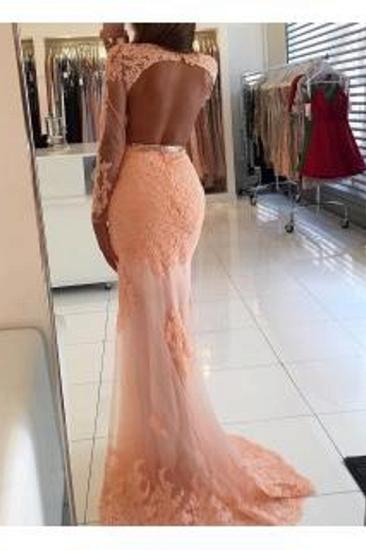 Long Sleeve Coral Lace Formal Dress Appliques Newest High Neck Mermaid Prom Dress_2