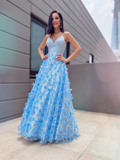 Elegant Blue a-line long prom dress with appliques_5